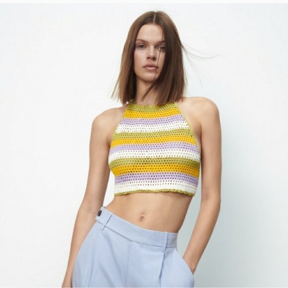 Zara Crochet Knit Halter Tie Back Crop Top in Multi Stripe | Small - Picture 1 of 8